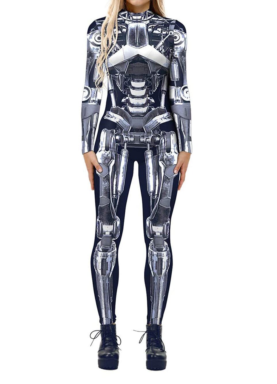 6778 3D Mechanical Robot Skeleton Print Halloween Jumpsuit Romper Cosplay